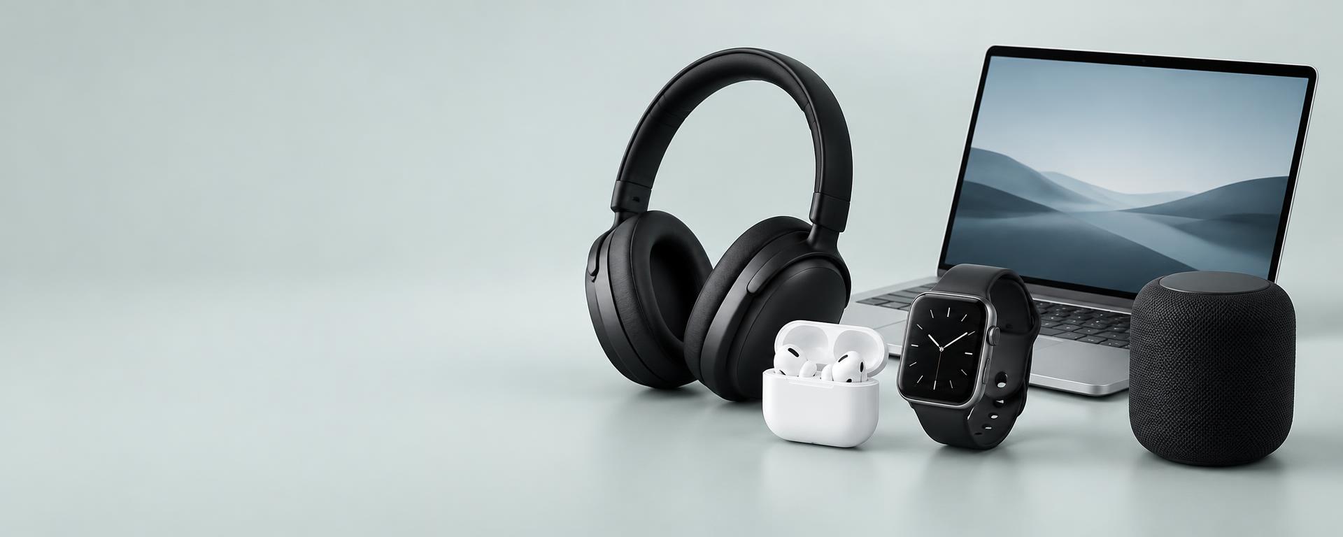 Headphones, earbuds, smartwatch, laptop and portable speaker